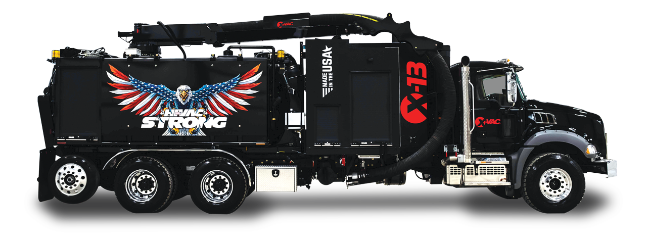 Black X-Vac hydro excavation truck with large vacuum hose, patriotic eagle mural and Made in the USA X-13 branding