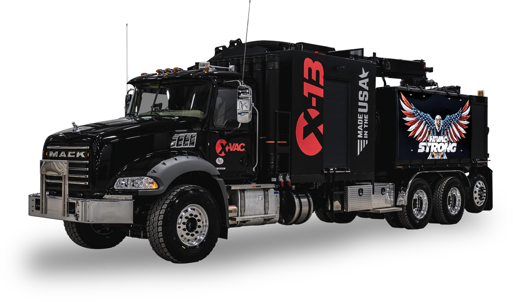 Black Mack hydro-excavation truck with X-Vac X-13 vacuum system, Made in USA decal and patriotic eagle mural