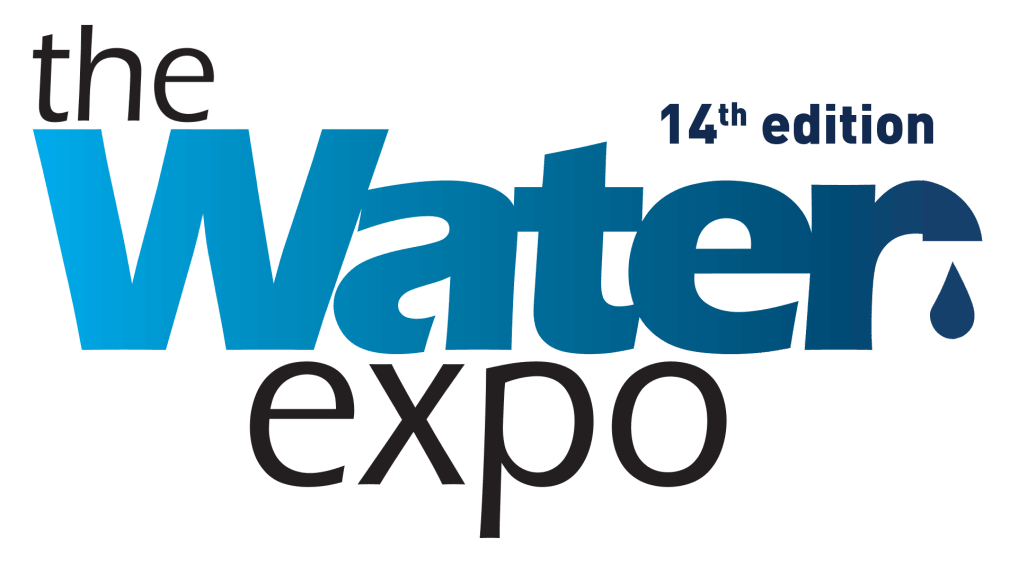 Water Expo 14th edition logo, blue wordmark with droplet, trade show for water industry, hydro excavation and vacuum systems